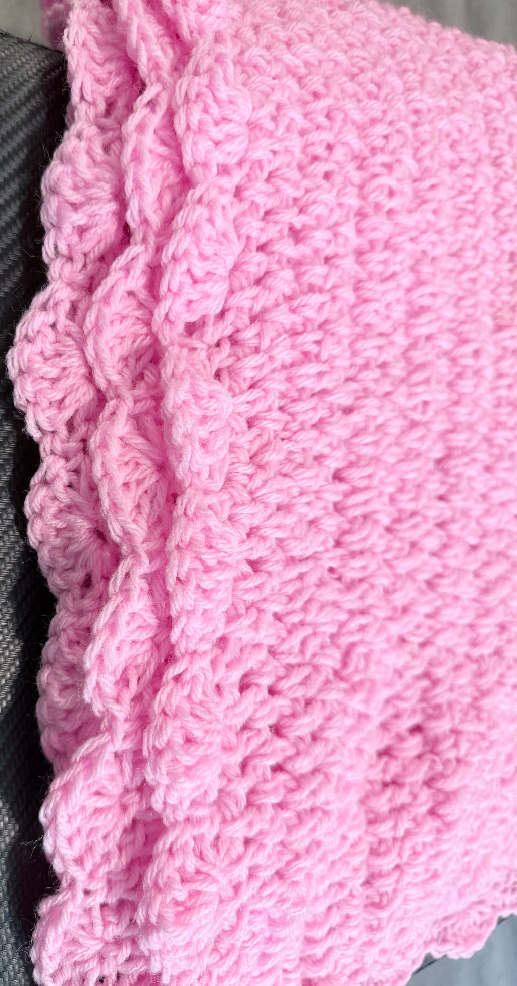 Close up of Ballet Pink Baby Crochet Blanket scalloped trim detail