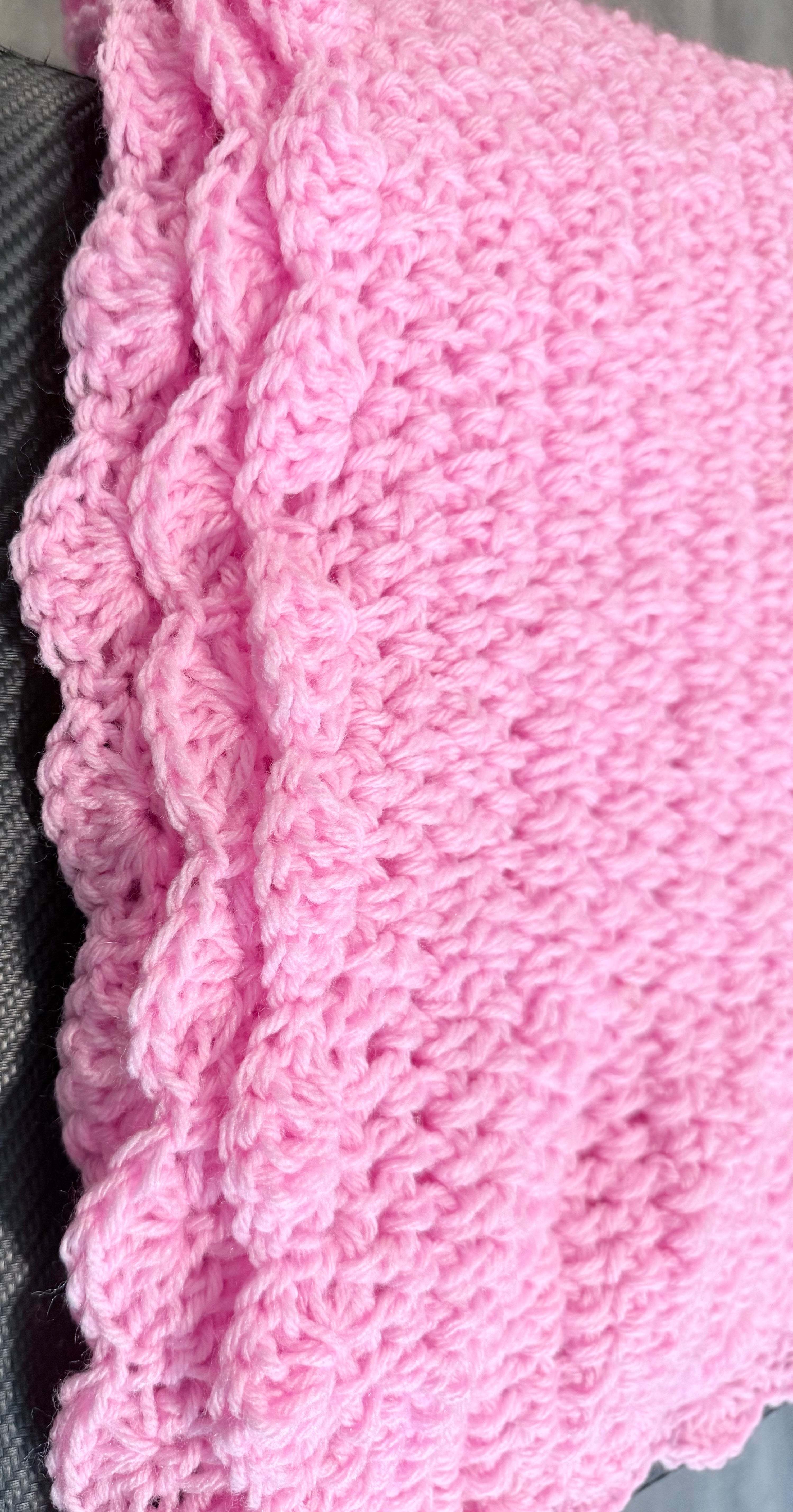 Close up of Ballet Pink Baby Crochet Blanket scalloped trim detail