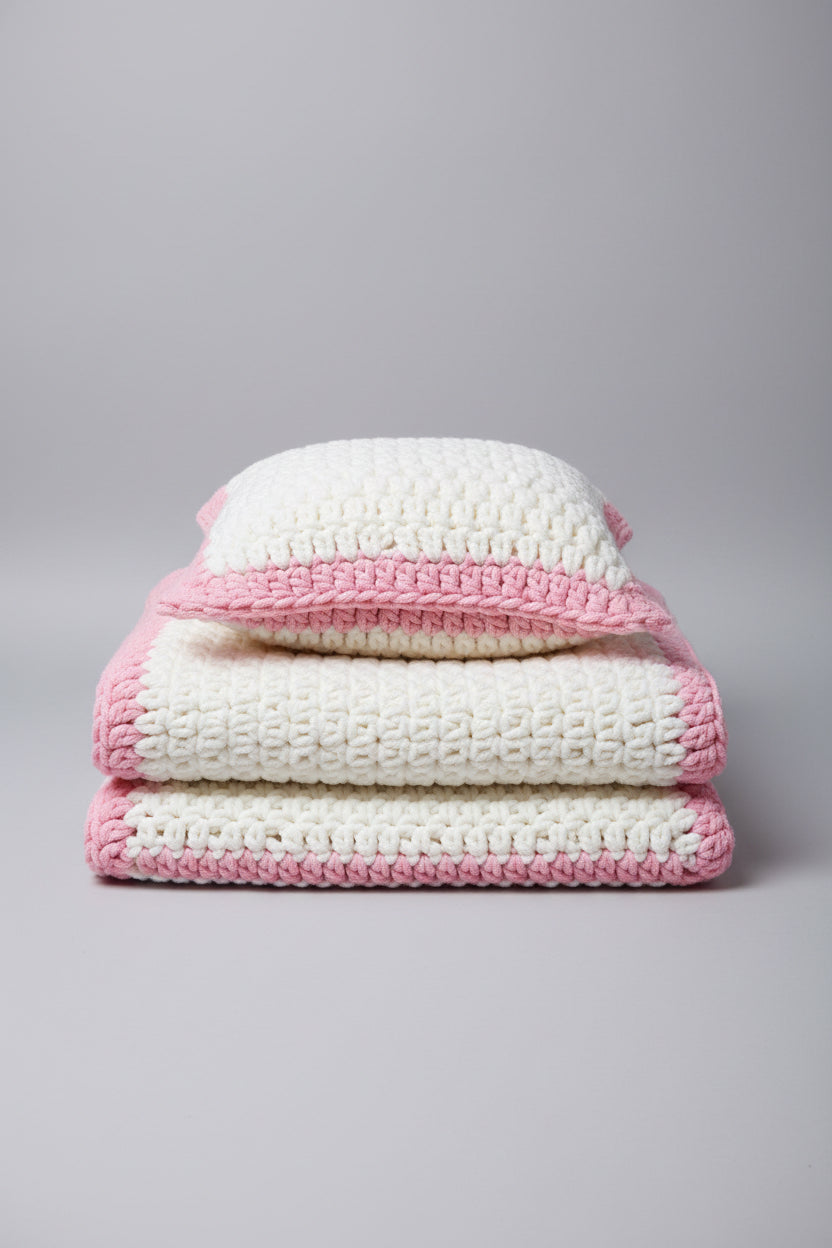White and Pink Hand Crocheted Baby Blanket — Handmade Nursery Gift