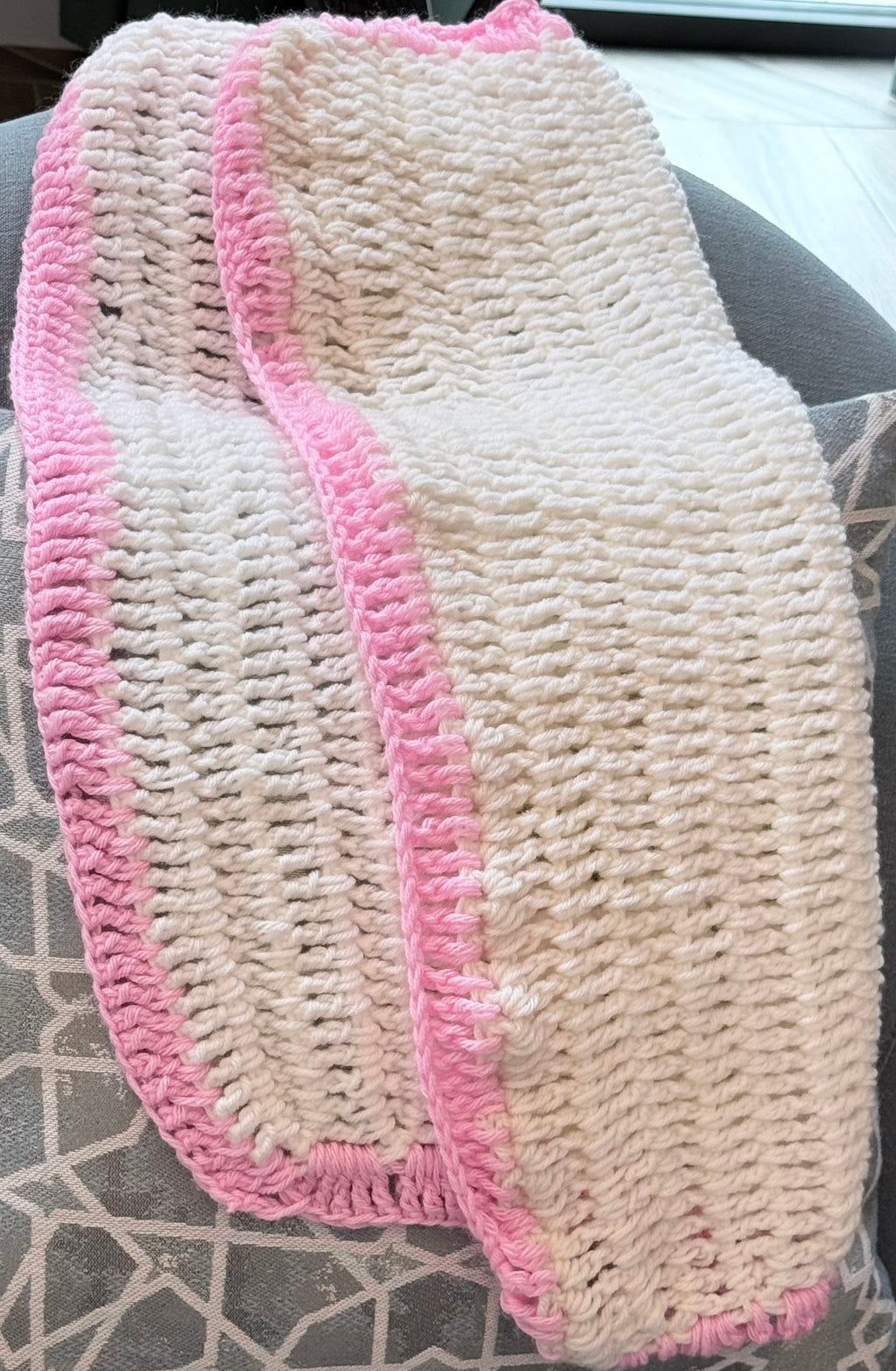 White and Pink Hand Crocheted Baby Blanket — Handmade Nursery Gift