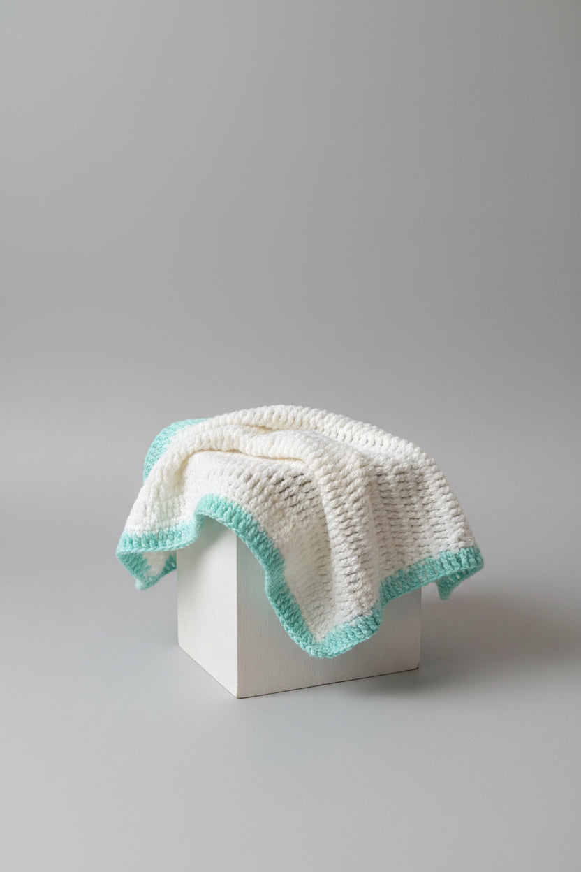 White and Turquoise Hand Crocheted Baby Blanket — Nursery Gift