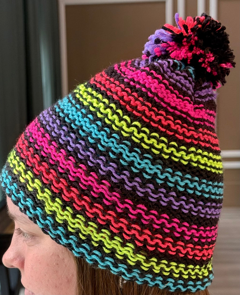 Black Blue Hot Pink Multicolor Crocheted Beanie — Handmade Winter Hat