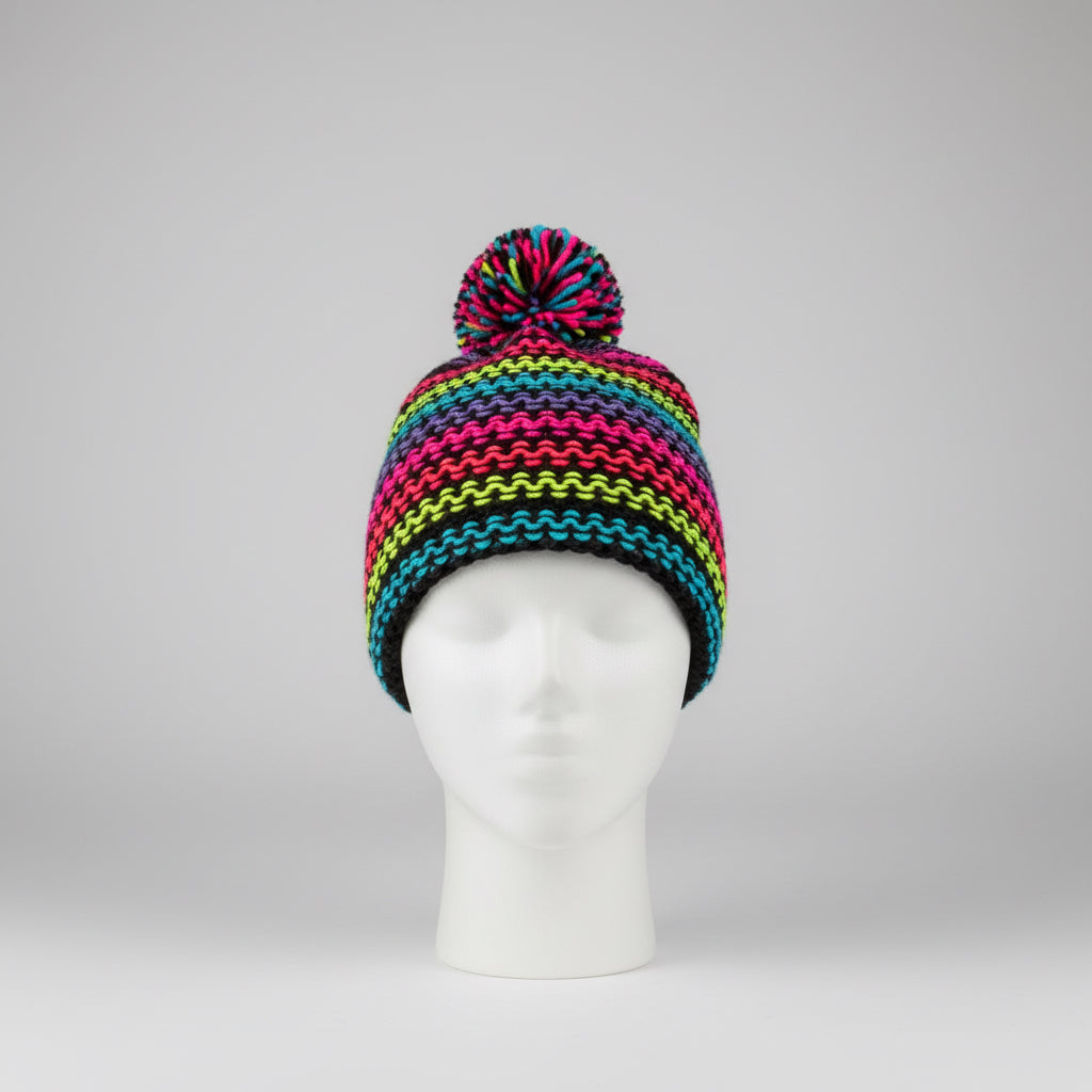Black Blue Hot Pink Multicolor Crocheted Beanie — Handmade Winter Hat
