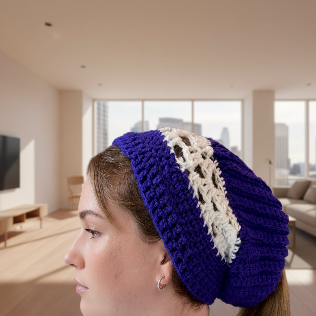 Purple and White Ponytail Beanie