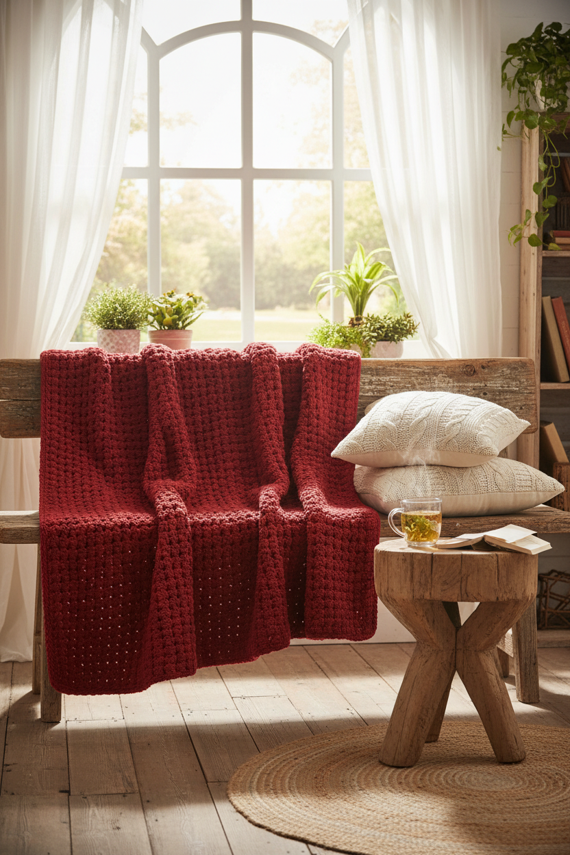 Fire Engine Red Blanket on Bench