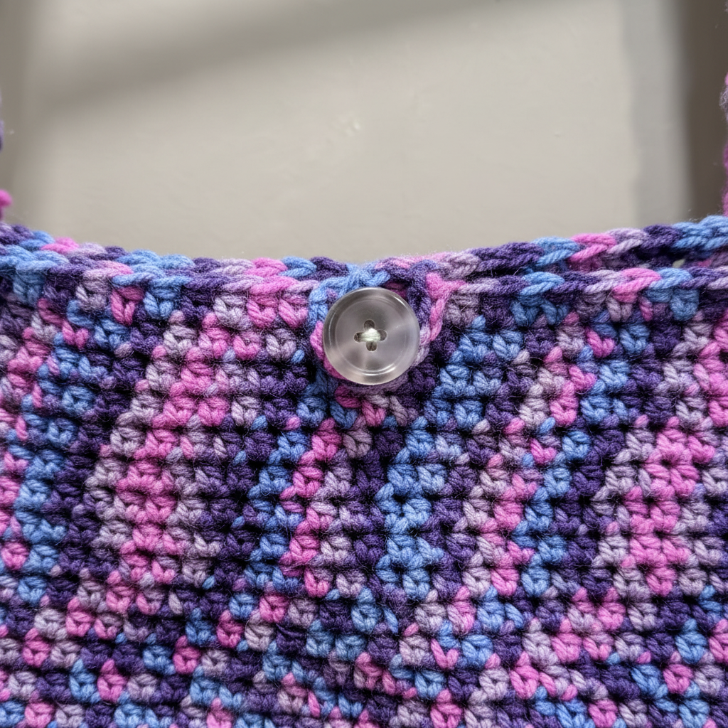 Close-up of handmade crochet blue purple pink shoulder bag showing stitch texture and button detail