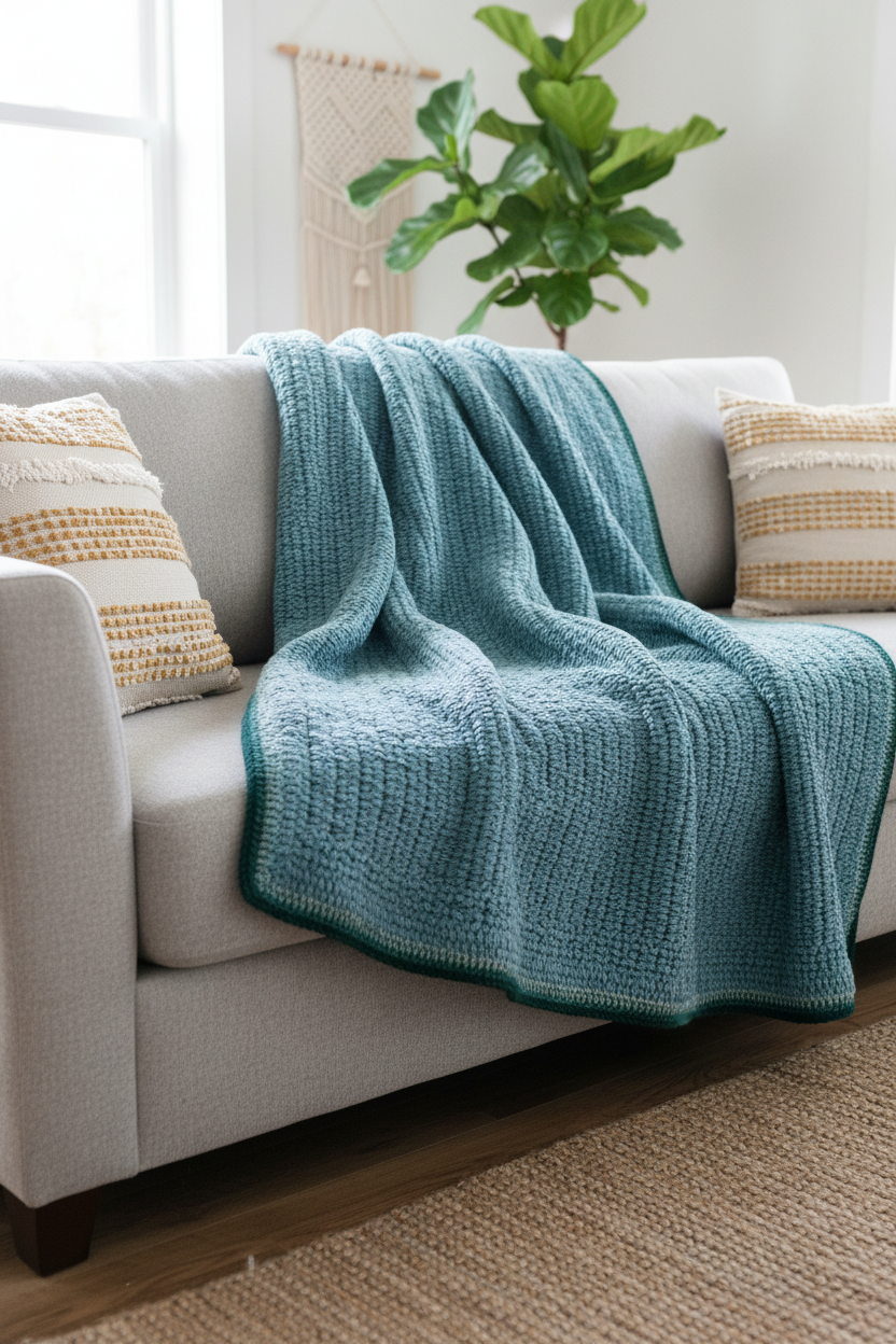 Handmade turquoise crochet weighted blanket draped over a light gray sofa