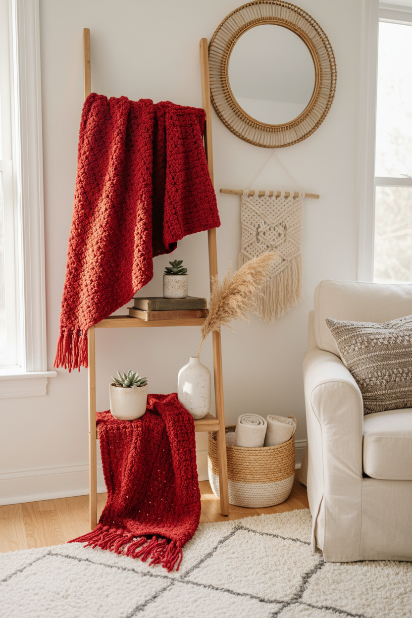 Fire engine red handmade crochet throw blanket draped over a wooden ladder shelf in a cozy living room