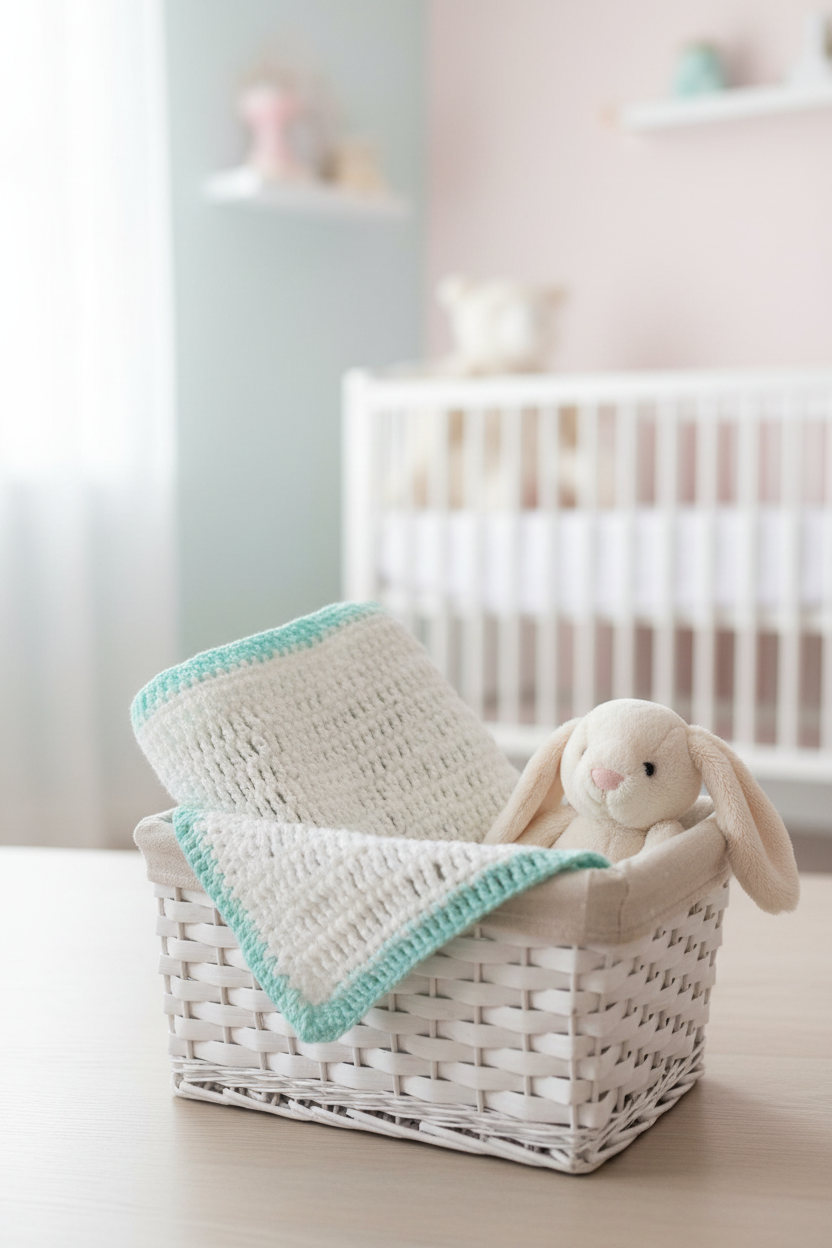 White Turquoise Baby Blanket in Basket